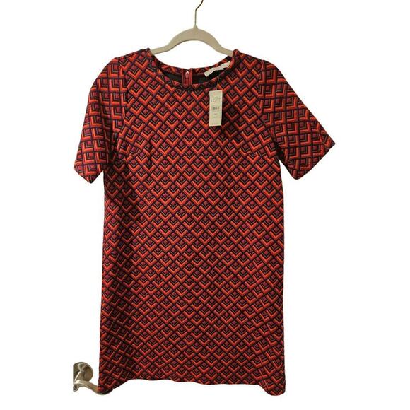 NWT LOFT Geometric Jacquard Shift Dress MP Navy Red Orange Textured Short Sleeve - Picture 1 of 7